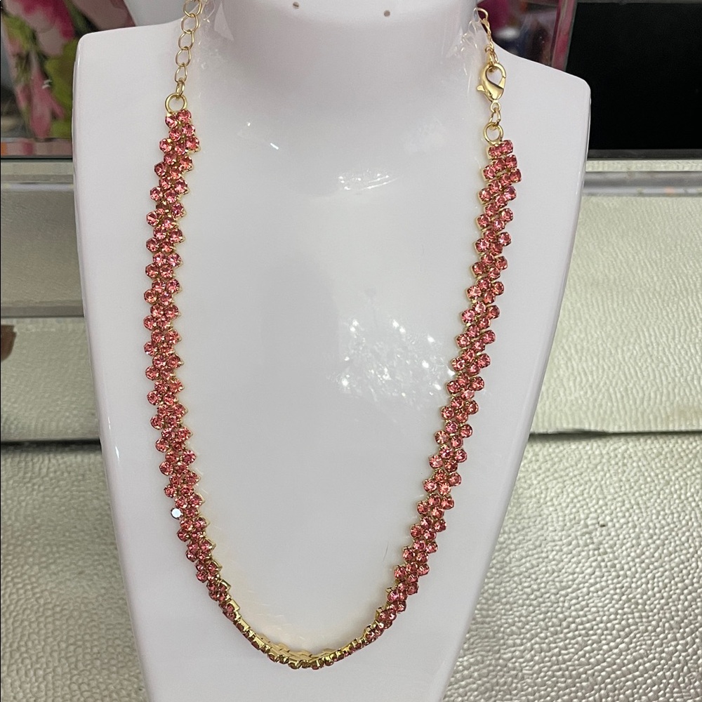Source Unknown Pink Crystal Tennis Necklace with Gold Chain